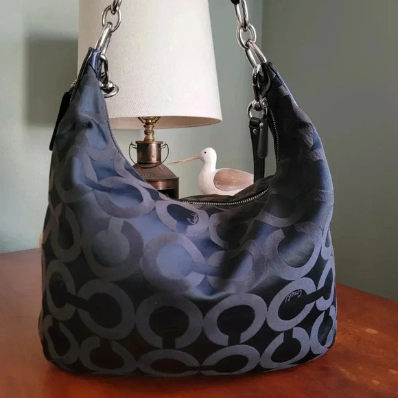 Coach Black Kristen Op Art Hobo Black Signature Jacquard and Leather #16811 - Picture 6 of 16